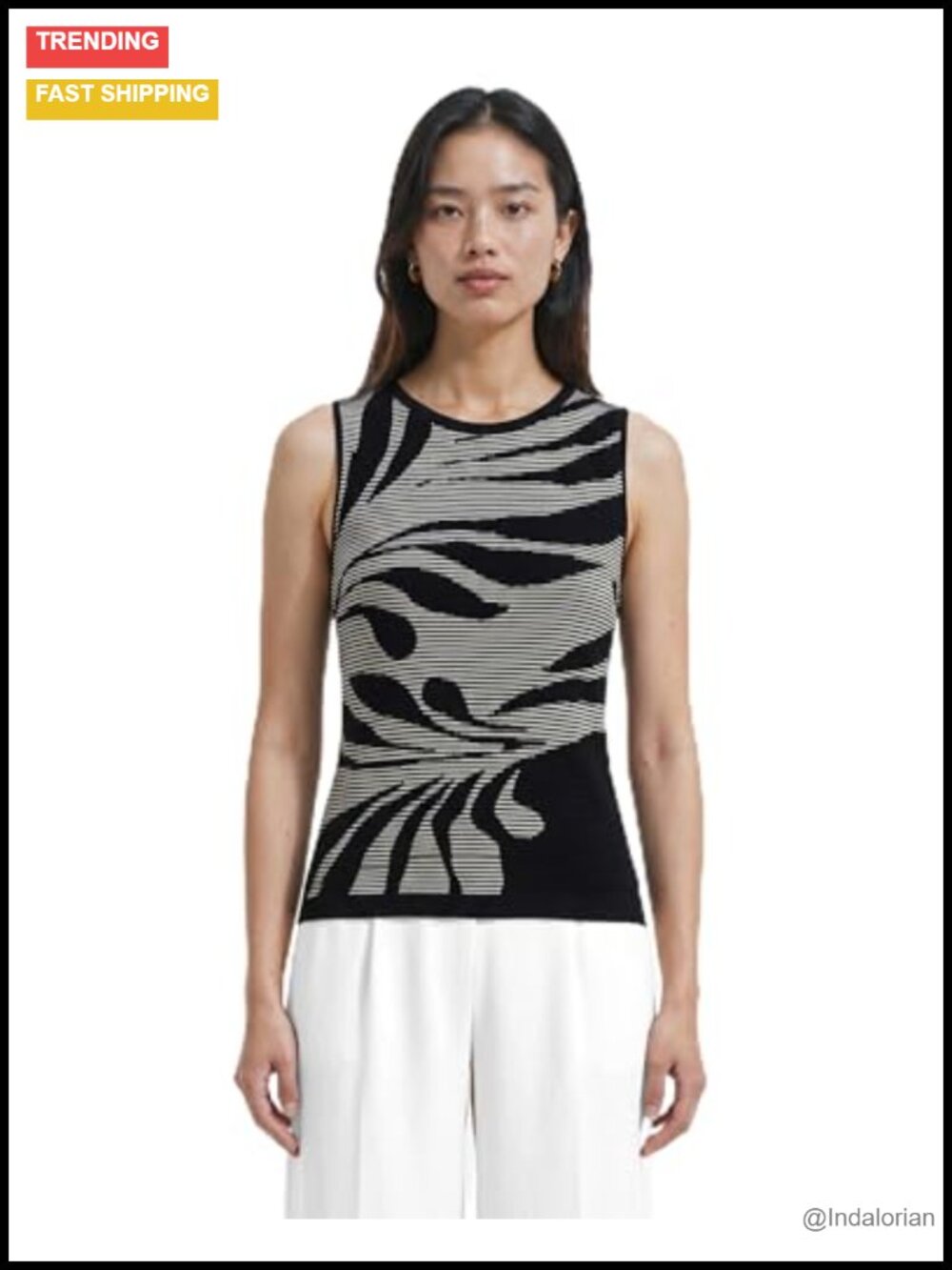 Sleeveless Graphic Tank Sweater, Rayon Nylon Knit, Pullover Layering